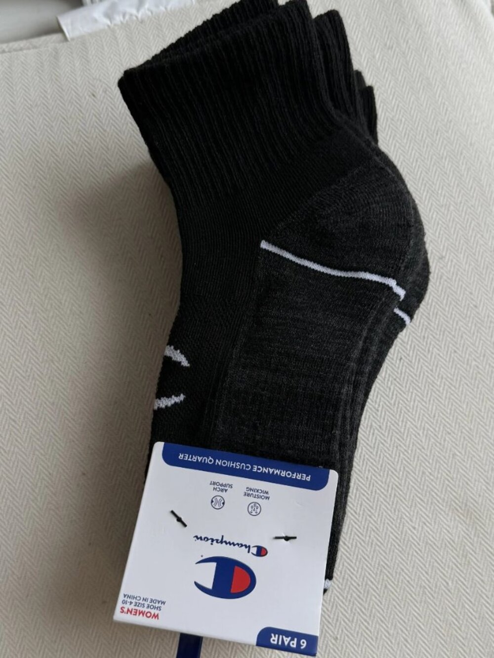 Champion Women's Performance Cushion Quarter Socks 6-Pack Size 4-10 Black NWT